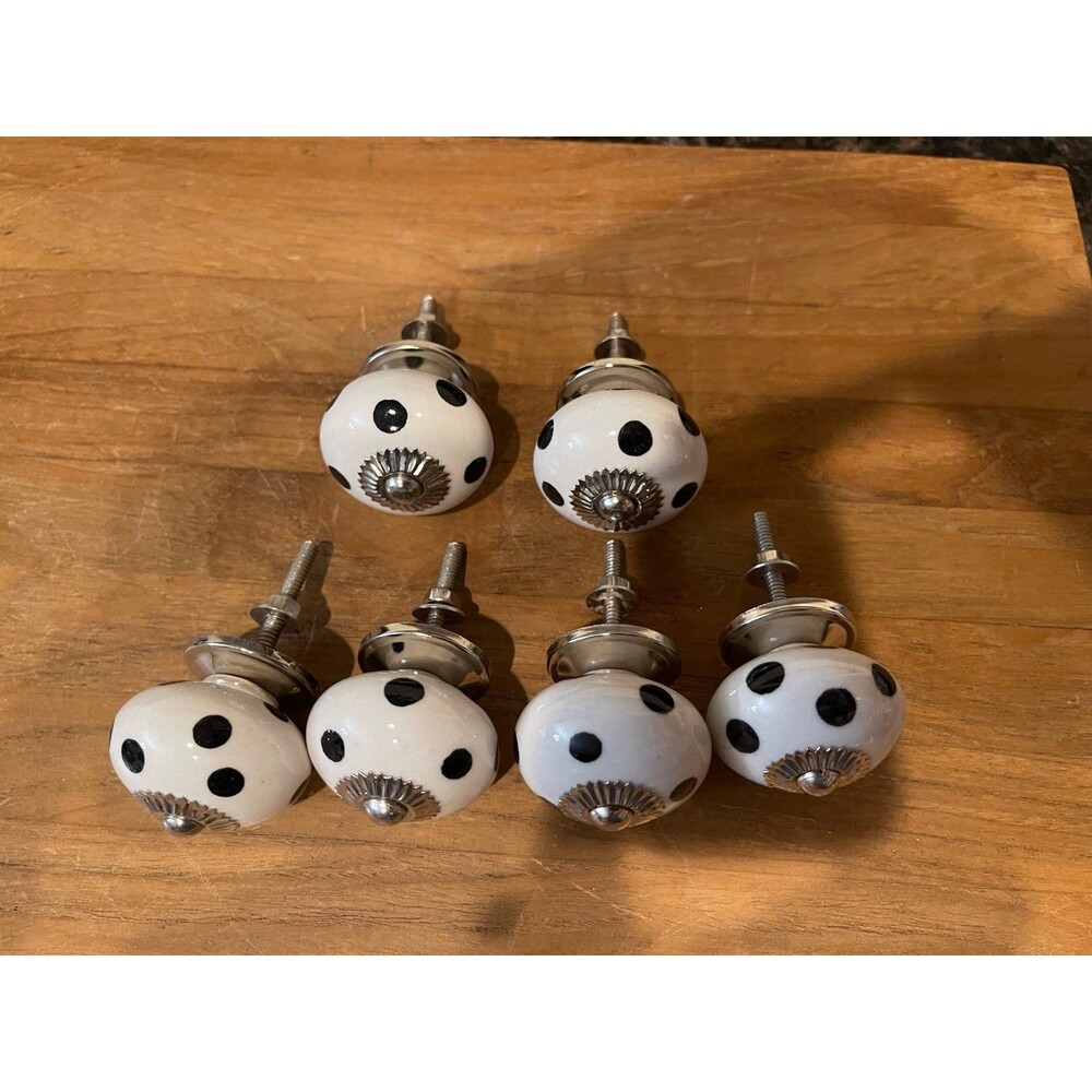 6 Furniture Porcelain Knobs: Silver & White Polka Dot